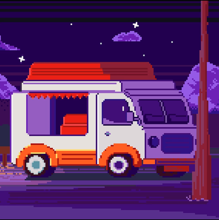 изображение машины в виде пикселей в фиолетово-красном тоне